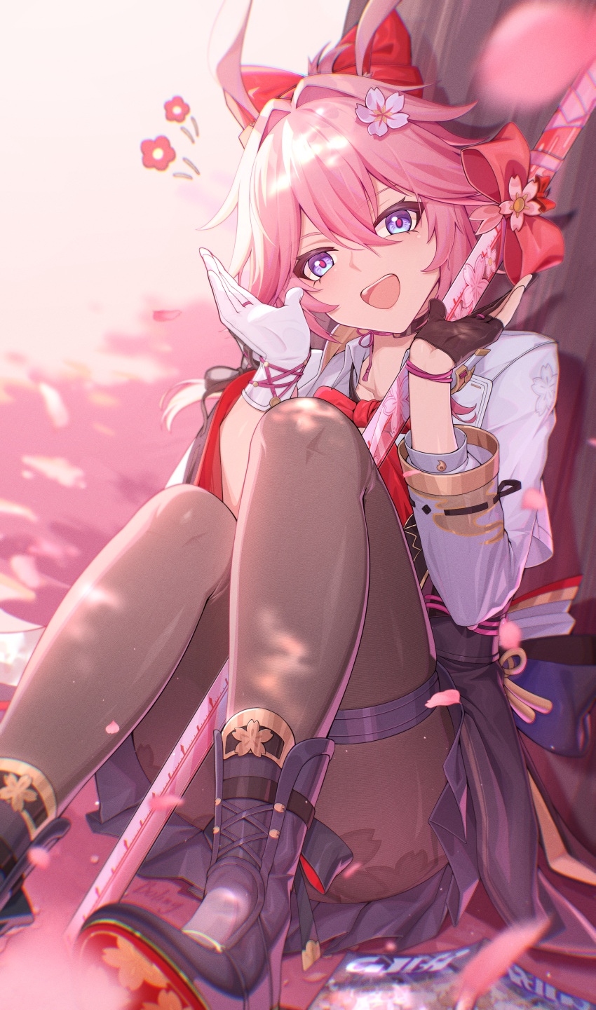 1girl, absurdres, animal_ears, asymmetrical_gloves, black_boots, black_gloves, black_pantyhose, bolinger
