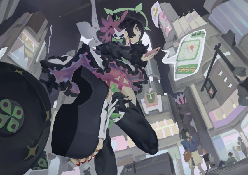 1girl, absurdres, aspirine4832, black_hair, boots, cityscape, commentary_request, dress