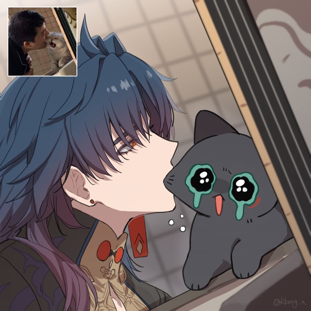 1boy, ahoge, animalization, biting, biting_cheek, black_cat, black_fur, blade_(honkai:_star_rail)