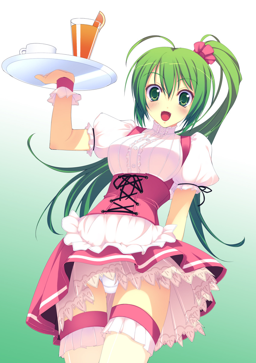1girl, ahoge, arm_behind_back, blush, breasts, cup, eyebrows_visible_through_hair, fangs, female, fism, gradient, gradient_background, green_eyes, green_hair, hair_between_eyes, highres, long_hair, maid, murakami_suigun, open_mouth, orange_juice, original, panties, pantyshot, plate, ponytail, skirt, smile, solo, source_request, thigh-highs, thighhighs, underwear, white_legwear, white_panties, wrist_cuffs