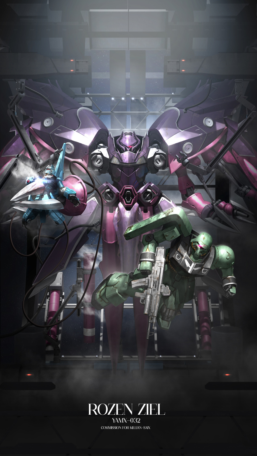 absurdres, amputee, beam_rifle, character_name, claws, commentary, commission, damaged