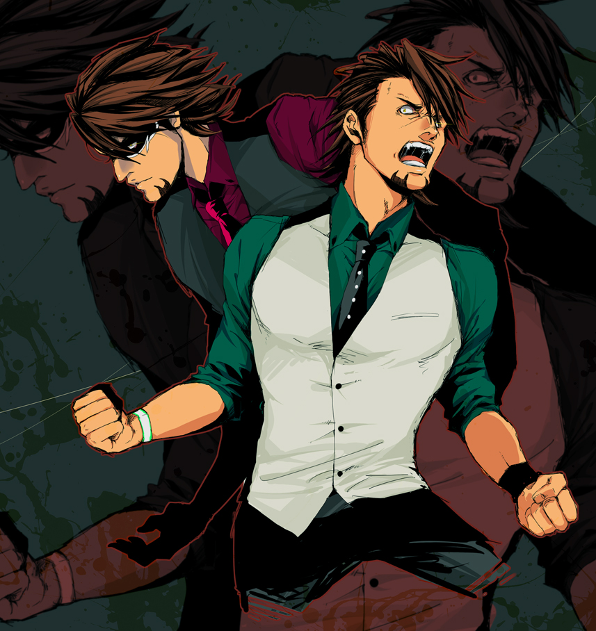 2boys, brown_eyes, brown_hair, dark_persona, dual_persona, ebitetsu, facial_hair, jewelry