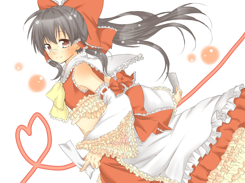 ascot, bespectacled, black_hair, bow, brown_eyes, colored, detached_sleeves, frills