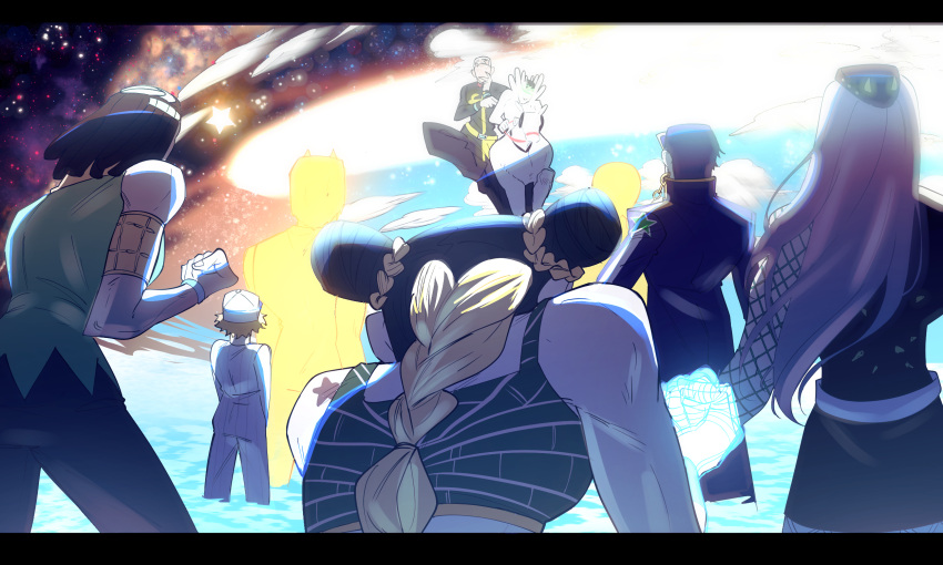 3girls, 5boys, armband, baseball_cap, belt, birthmark, black_hair, black_pants