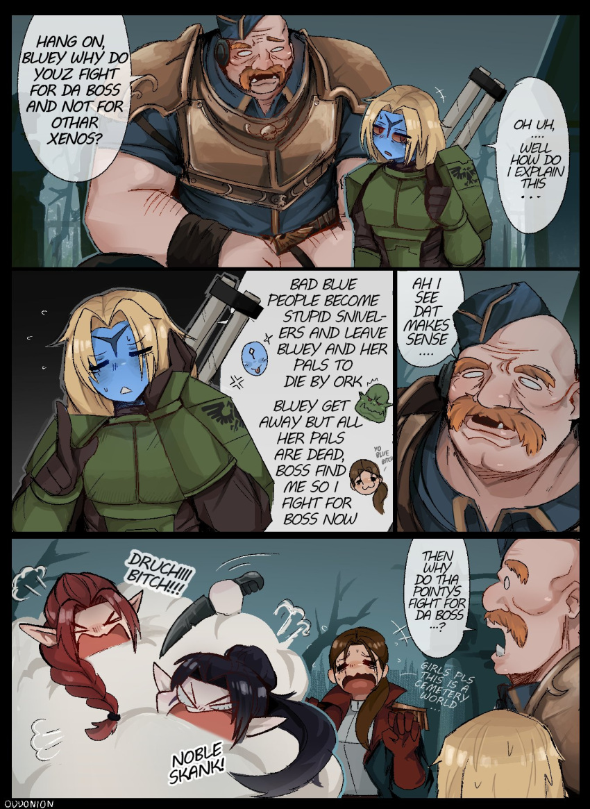 1boy, 4girls, armor, black_hair, blonde_hair, blue_skin, brown_hair, colored_skin