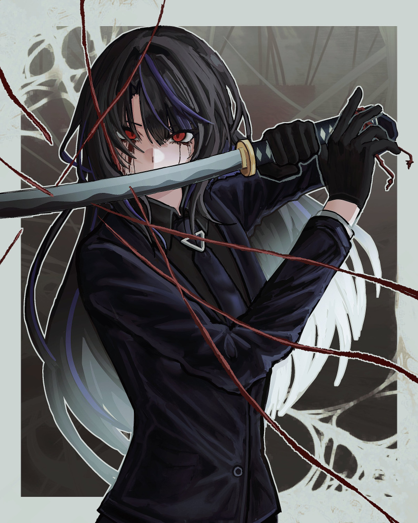 1girl, absurdres, black_gloves, black_hair, black_jacket, black_necktie, black_shirt, blood