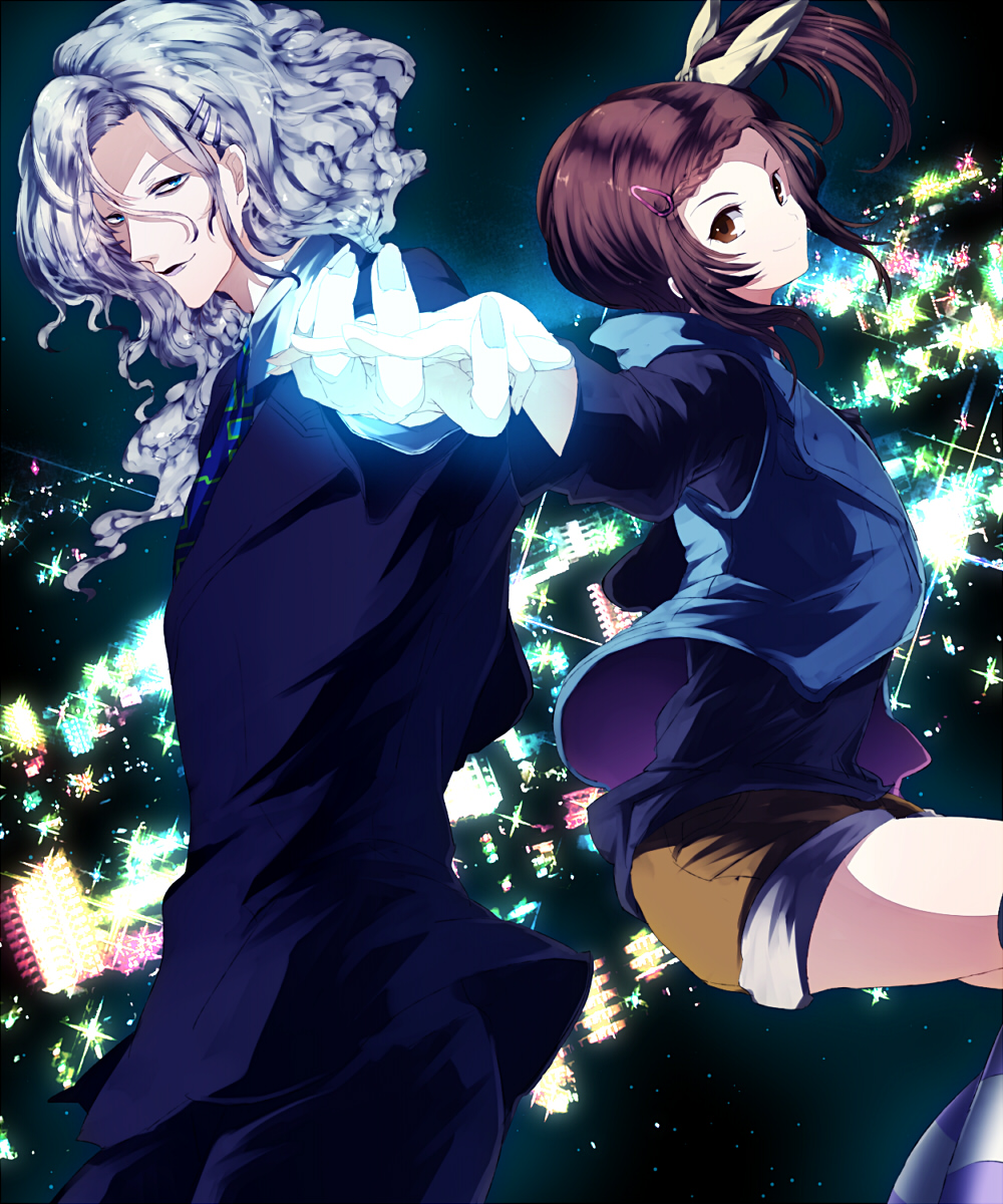 braid, brown_eyes, brown_hair, fingernails, floating, formal, glowing, grey_hair, hair_ornament, hairclip, hand_holding, highres, holding_hands, kaburagi_kaede, kanenari, lips, long_hair, necktie, pale_skin, shorts, side_ponytail, silver_hair, striped, striped_legwear, suit, thigh-highs, thighhighs, tiger_&amp;_bunny, vest, yuri_petrov, zettai_ryouiki