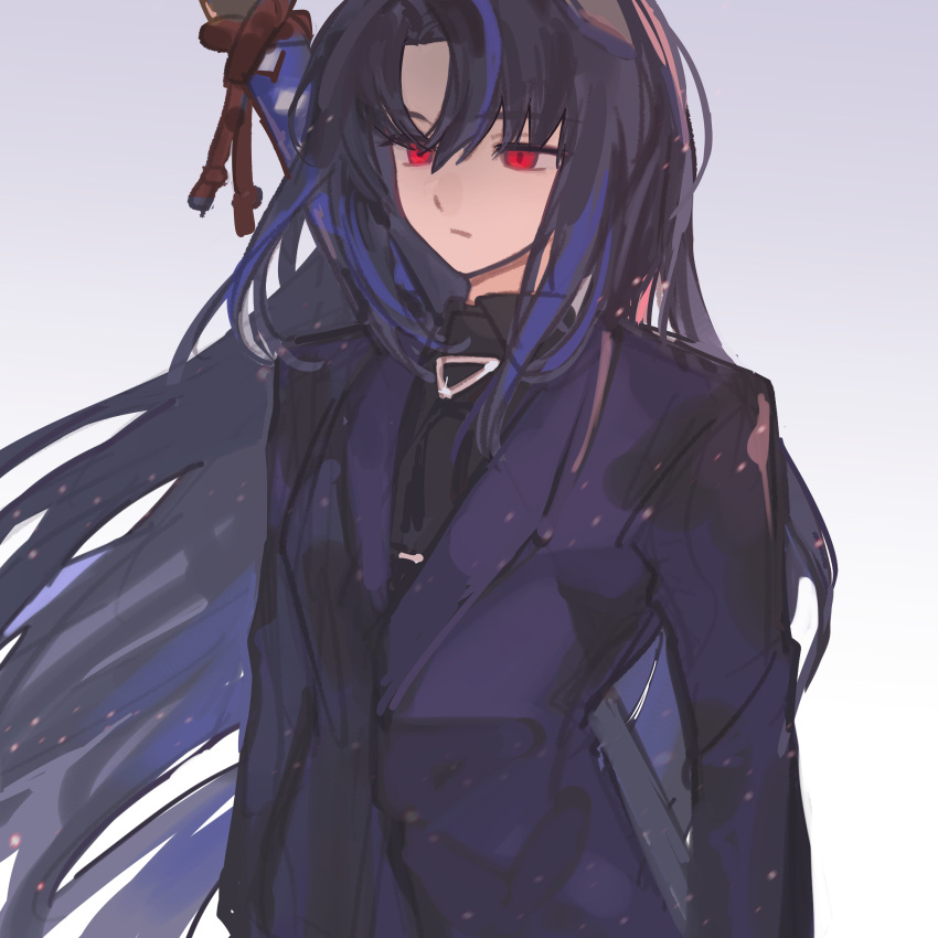 1girl, absurdres, black_hair, black_necktie, black_shirt, closed_mouth, collared_shirt, expressionless, hatoretasu, highres, jacket, light_particles, limbus_company, long_hair, long_sleeves, multicolored_hair, necktie, parted_bangs, pinky_(identity)_(project_moon), project_moon, purple_jacket, purple_streaks, red_eyes, ryoshu_(project_moon), shirt, simple_background, solo, streaked_hair, sword, sword_on_back, upper_body, very_long_hair, weapon, weapon_on_back