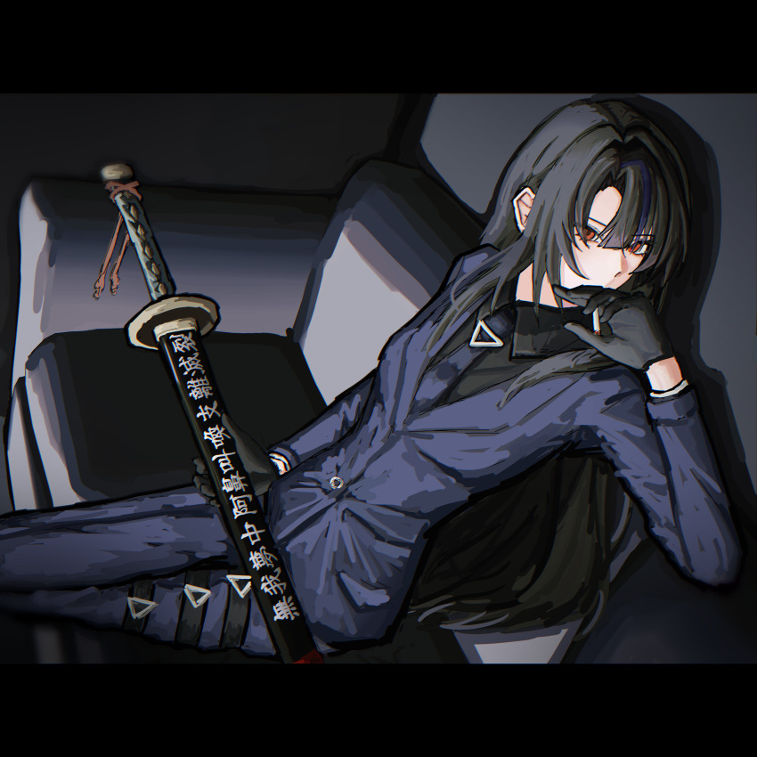 1girl, absurdres, belt, black_gloves, black_hair, blue_jacket, blue_pants, blue_suit, cigarette, commentary, couch, crossed_legs, gloves, highres, holding, holding_cigarette, holding_sword, holding_weapon, jacket, letterboxed, limbus_company, long_hair, long_sleeves, looking_at_viewer, myeongwora, necktie, on_couch, ootachi, pants, parted_bangs, pinky_(identity)_(project_moon), project_moon, red_eyes, ryoshu_(project_moon), scabbard, sheath, sheathed, shirt, sitting, solo, suit, suit_jacket, sword, thigh_belt, thigh_strap, weapon