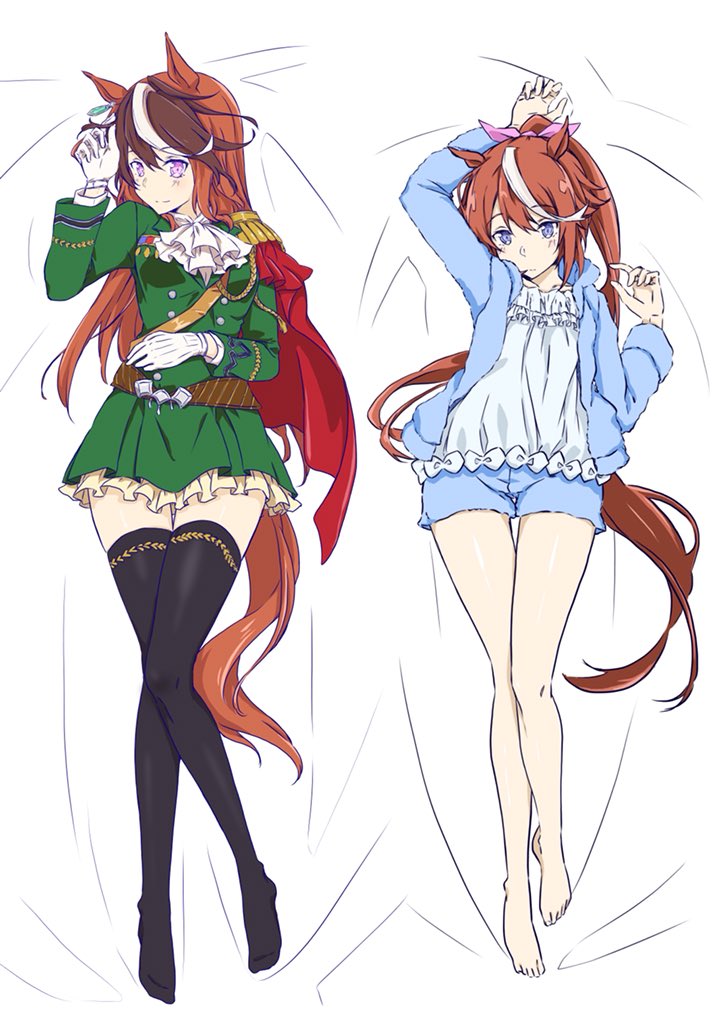 2girls, alternate_costume, animal_ear_earrings, animal_ears, arm_up, asagi501, ascot, bare_legs, barefoot, belt, black_thighhighs, blue_eyes, blue_jacket, blue_shorts, breasts, brown_belt, brown_hair, commentary_request, dakimakura_(medium), dress, earrings, epaulettes, flat_chest, frilled_shirt, frills, full_body, gloves, green_dress, hair_ribbon, hand_on_own_stomach, hand_up, horse_ears, horse_girl, horse_tail, jacket, jewelry, long_hair, long_sleeves, lying, messy_hair, multicolored_hair, multiple_girls, on_back, open_clothes, open_jacket, pink_ribbon, ribbon, shirt, short_dress, short_shorts, shorts, simple_background, single_earring, single_epaulette, small_breasts, streaked_hair, symboli_rudolf_(emperor's_path)_(umamusume), symboli_rudolf_(umamusume), tail, thigh-highs, tokai_teio_(umamusume), two-tone_hair, umamusume, very_long_hair, white_ascot, white_background, white_gloves, white_hair, white_shirt, zettai_ryouiki