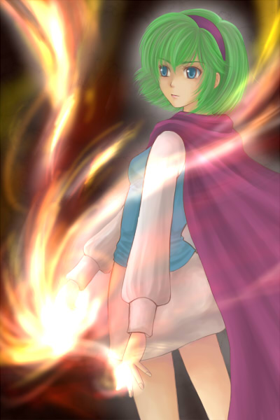 cape, fire_emblem, fire_emblem:_rekka_no_ken, green_hair, hairband, magic, mikirin_ap, nino_(fire_emblem)