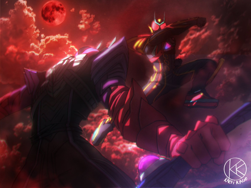 2boys, battle, clouds, exdreamrise_capsem, glowing, glowing_eyes, highres, kaerikage