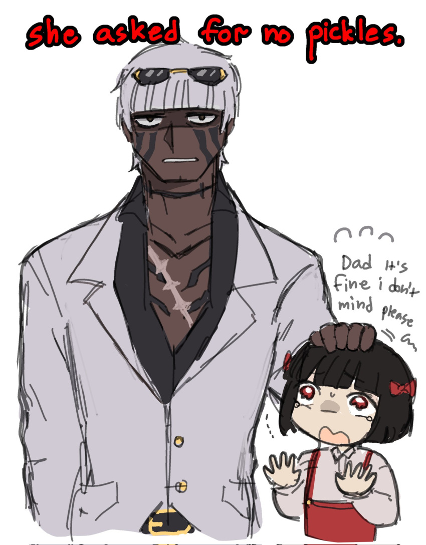 1boy, 1girl, aged_down, black_hair, bow, commentary, dark-skinned_male, dark_skin, english_commentary, english_text, eyewear_on_head, hair_bow, highres, limbus_company, matthias_(project_moon), project_moon, red_eyes, ryoshu_(project_moon), scar, smthchie, suit, sunglasses, sweat, tears, white_hair