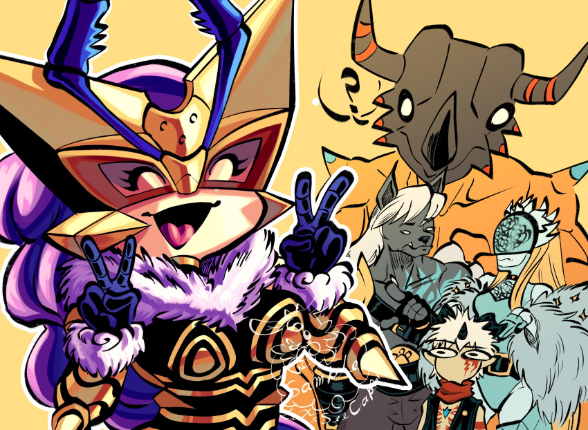2boys, 2girls, ?, aegiomon, black_bodysuit, bodysuit, breasts, capri_(letsseecapri)