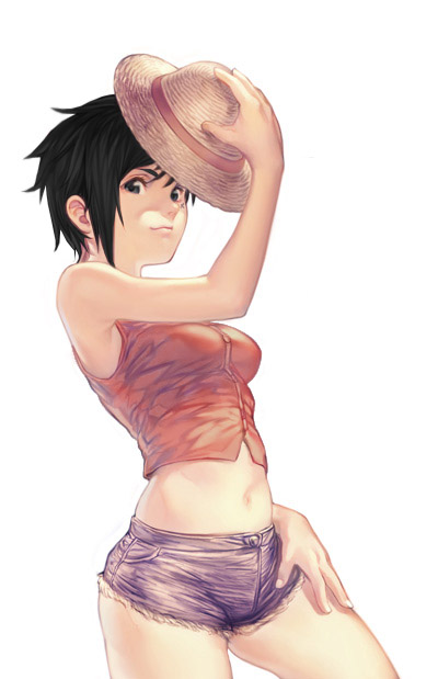 1girl, artist_request, black_hair, breasts, cutoffs, denim, denim_shorts, face