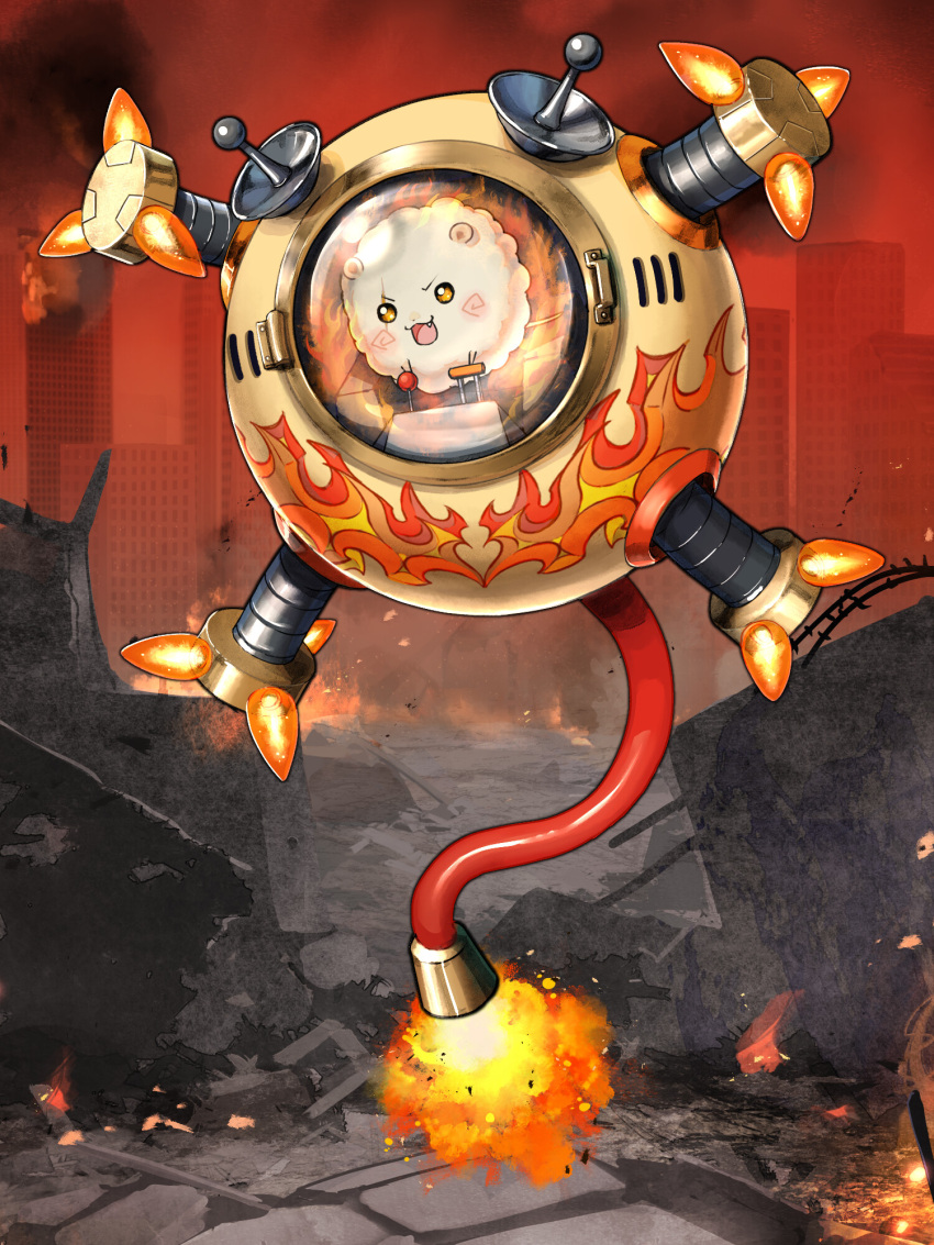 :d, blush, brown_eyes, dairoku_ryouhei, decal, fire, highres, jinkichi_(y_nikichi11044), mecha, no_humans, outdoors, radar_dish, red_sky, robot, rubble, sky, smile