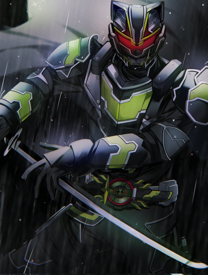 1boy, armor, black_armor, black_bodysuit, black_helmet, blurry, blurry_background, bodysuit, bujinsword_buckle, cape, desire_driver, green_armor, helmet, highres, holding, holding_sword, holding_weapon, kamen_rider, kamen_rider_geats_(series), kamen_rider_tycoon, kamen_rider_tycoon_bujinsword, katana, male_focus, rain, solo, stella_04_02, sword, tokusatsu, weapon