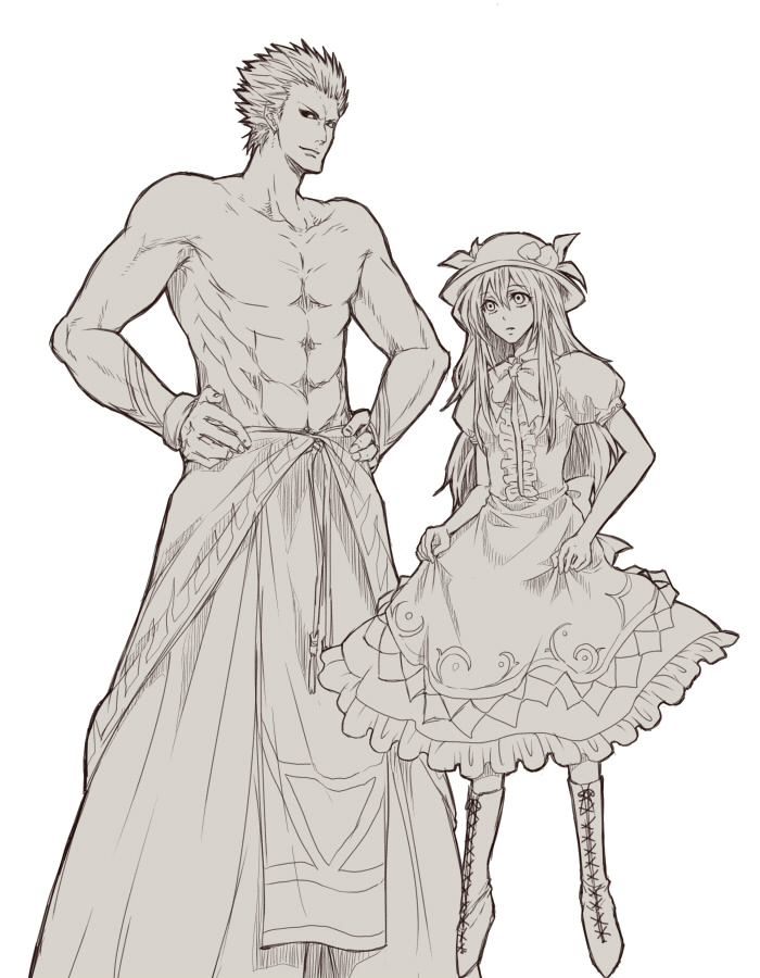 1girl, bad_id, black_sclera, crossover, dress, hat, height_difference, hinanawi_tenshi, king_of_fighters, m.u.g.e.n, monochrome, mugen_(game), mugennagi, mukai_(kof), size_difference, snk, touhou, white_background