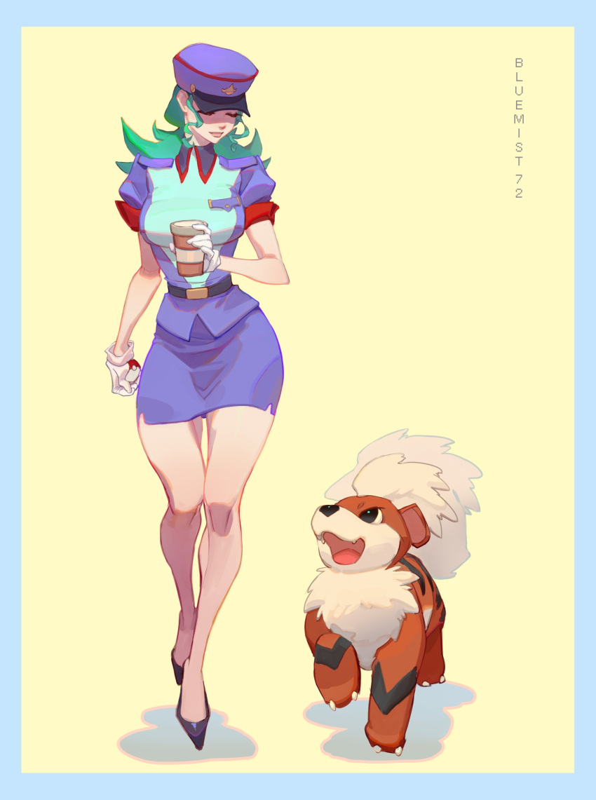 1girl, blue_hat, bluemist72, breasts, closed_eyes, closed_mouth, commentary, cup, disposable_coffee_cup, disposable_cup, fangs, gloves, green_hair, growlithe, hat, highres, holding, holding_cup, holding_poke_ball, long_hair, medium_breasts, miniskirt, officer_jenny, open_mouth, poke_ball, poke_ball_(basic), pokemon, pokemon_(anime), pokemon_(classic_anime), pokemon_(creature), police, police_hat, police_uniform, policewoman, shirt, short_sleeves, skirt, smile, white_gloves