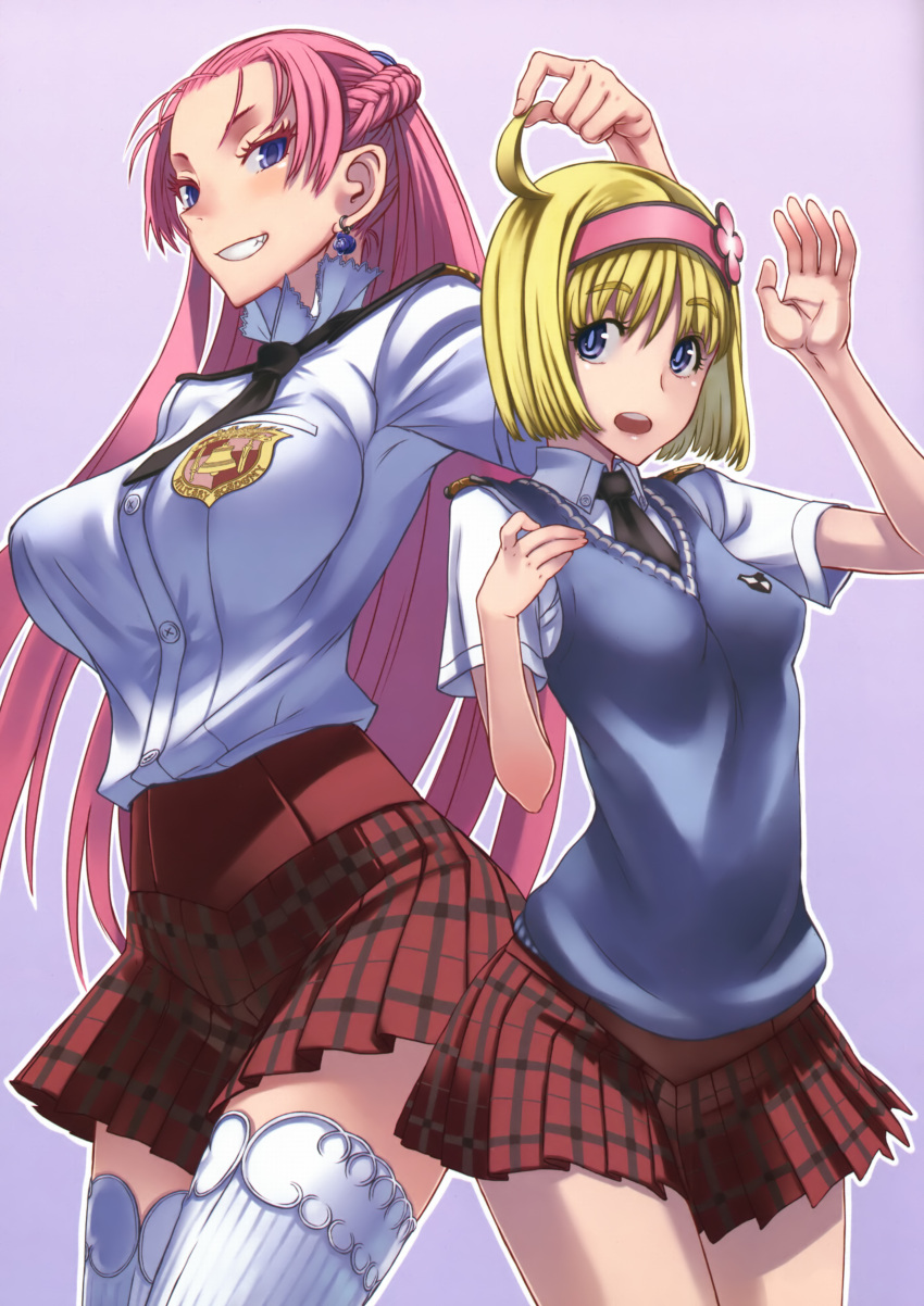 ahoge, blonde_hair, blue_eyes, cosette_coalhearth, earrings, headband, highres, honjou_raita