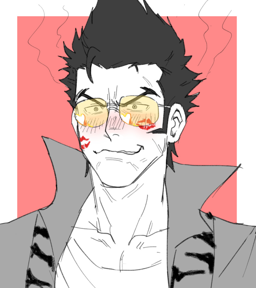 1boy, aviator_sunglasses, black_hair, blush, cez, head_steam, highres, jacket