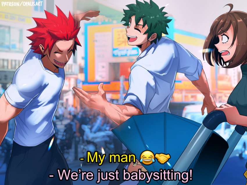 1girl, 2boys, baby, black_sweater, blurry, blurry_background, boku_no_hero_academia, breasts