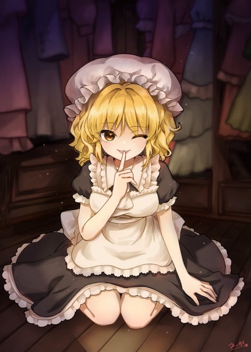 1girl, apron, back_bow, bib_collar, black_dress, blonde_hair, bow, closet