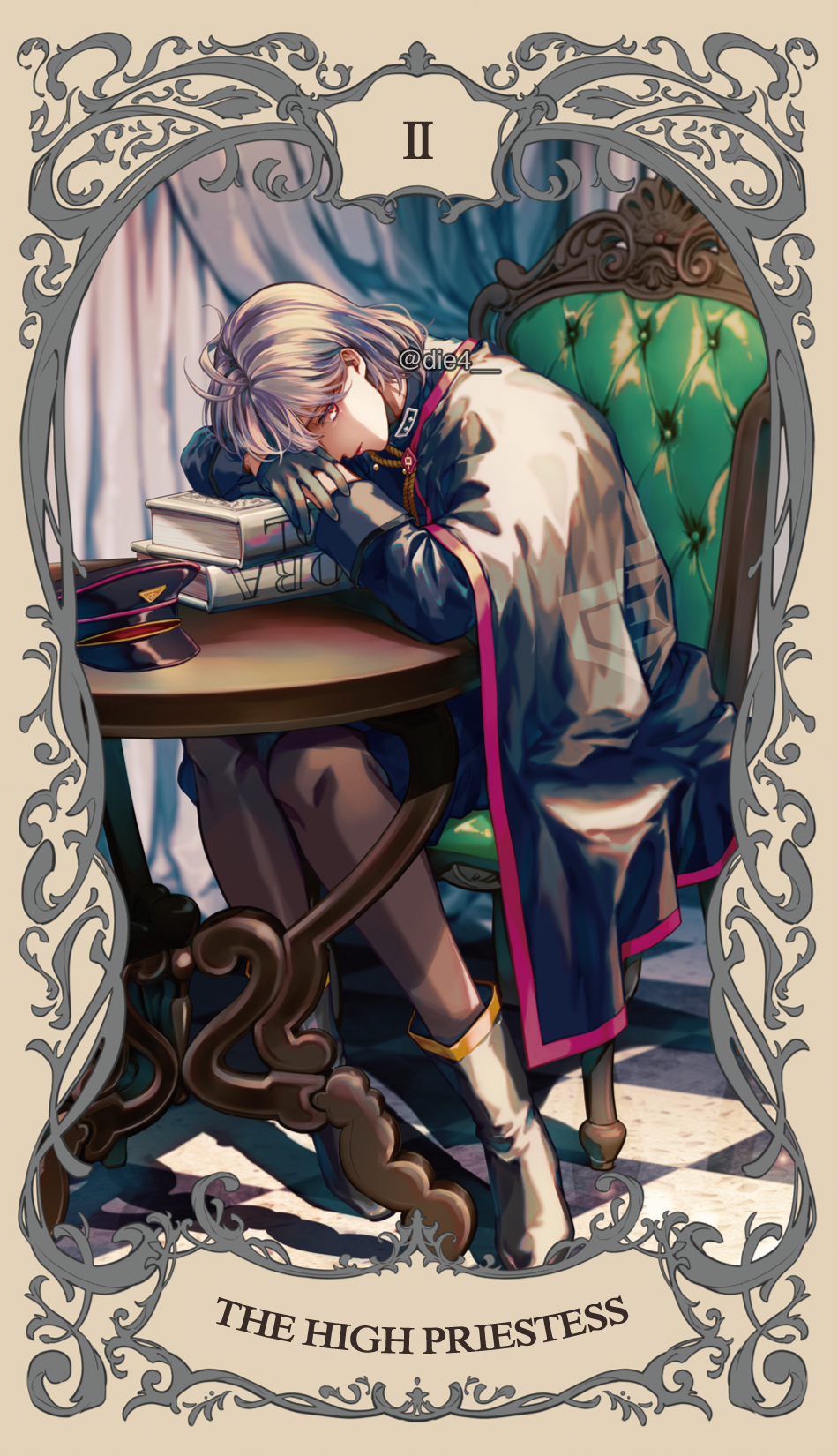 1girl, aohitsugi_nemu, belted_coat, belted_jacket, black_gloves, book, boots, card