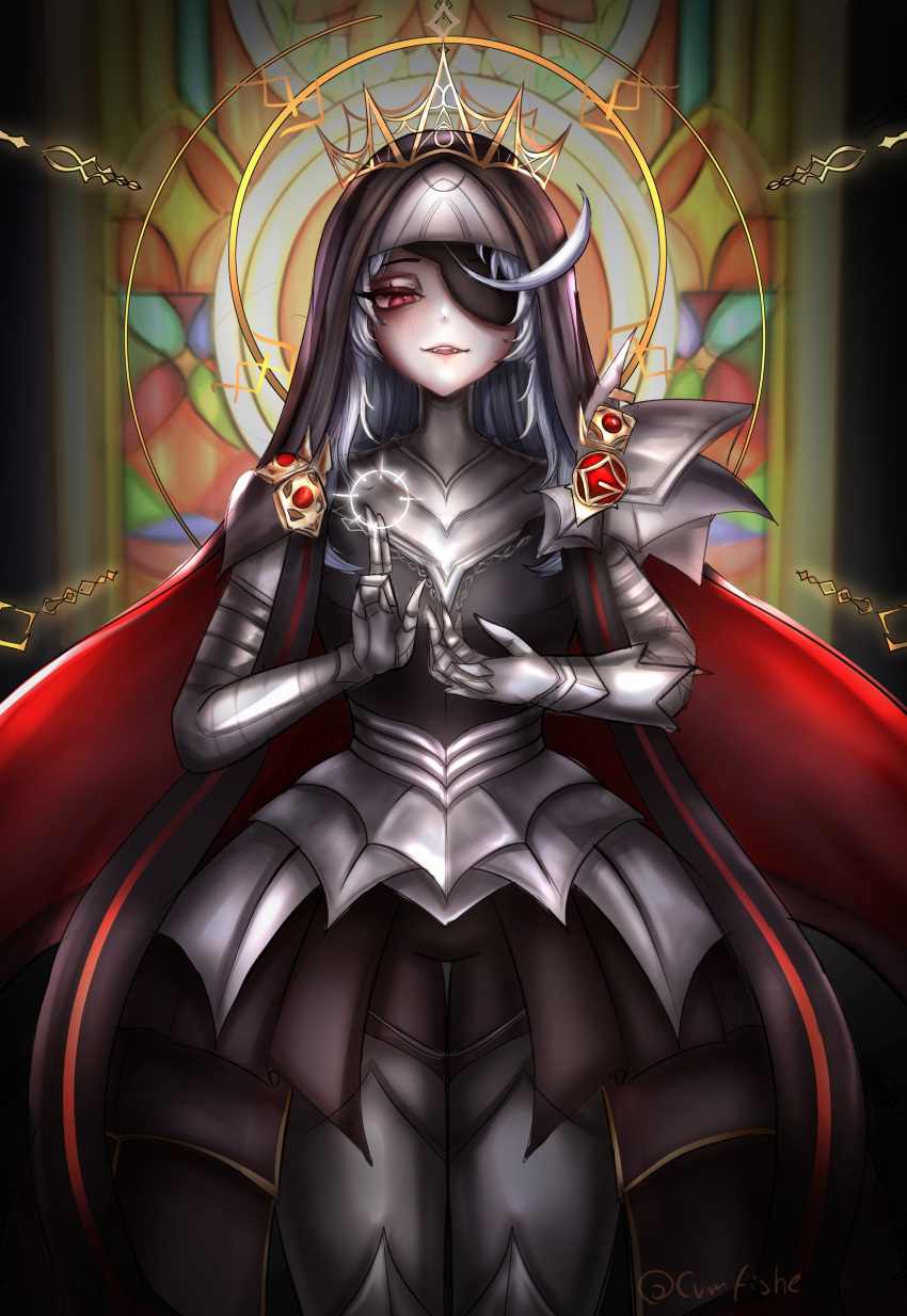 1girl, absurdres, armor, commentary, cvmfishe, english_commentary, eyepatch, fangs