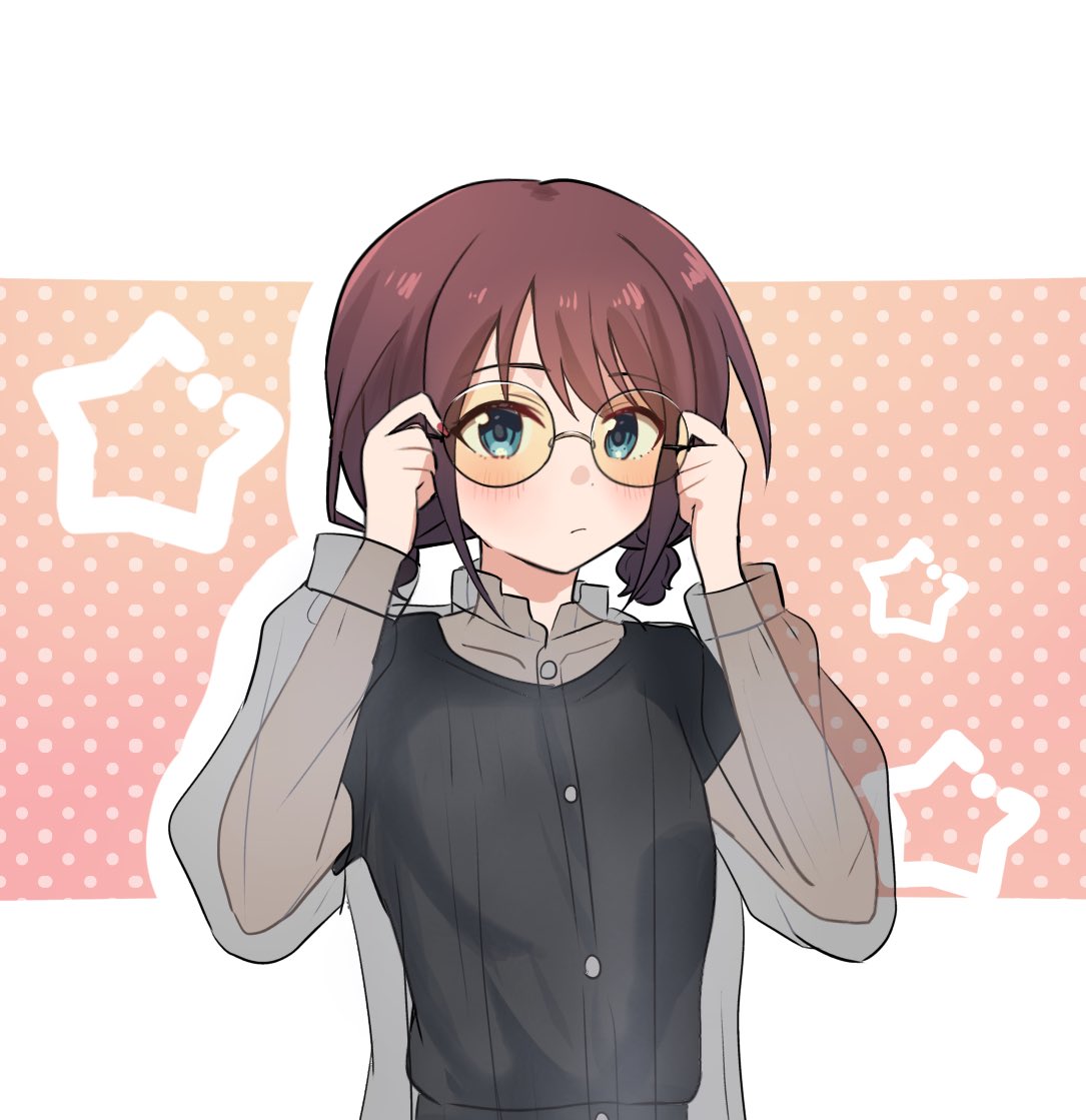 1girl, adjusting_eyewear, bespectacled, black-framed_eyewear, blue_eyes, blush, closed_mouth, commentary_request