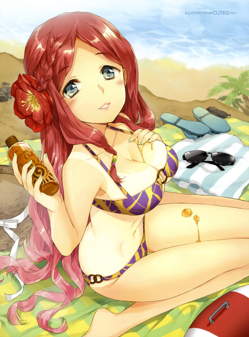 absurdres, bare_shoulders, beach, bikini, blue_eyes, blush, braid, breasts