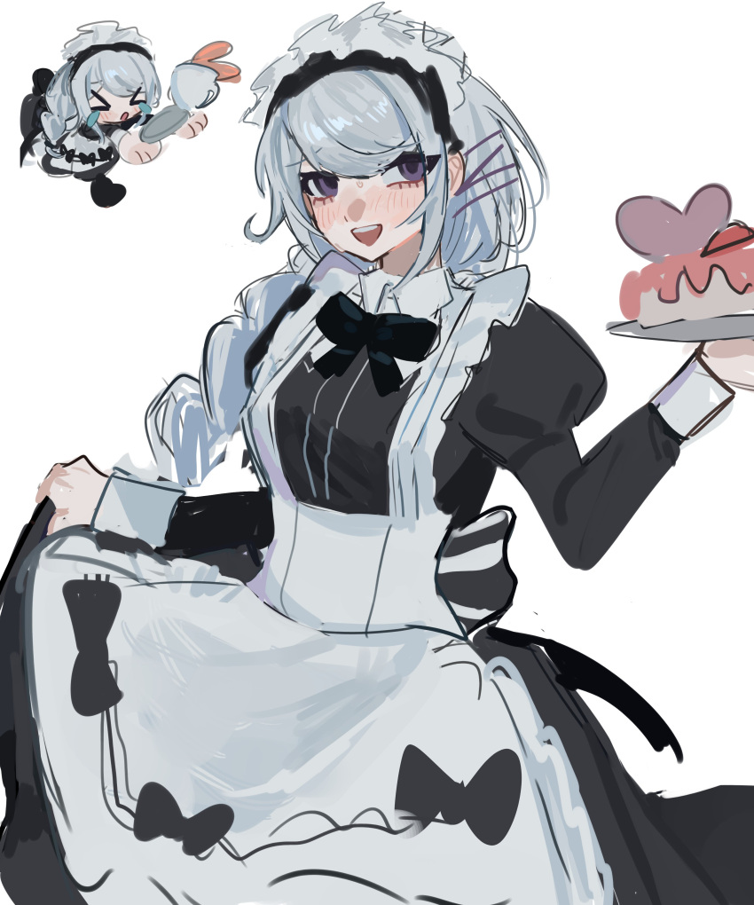 1girl, absurdres, alternate_costume, apron, black_hairband, braid, cake, cake_slice