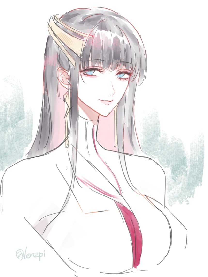 black_hair, blue_eyes, colored_inner_hair, earrings, hair_ornament, isomer_(path_to_nowhere), jewelry, lenzpi, long_hair, looking_at_viewer, multicolored_hair, path_to_nowhere, smile, upper_body, white_background