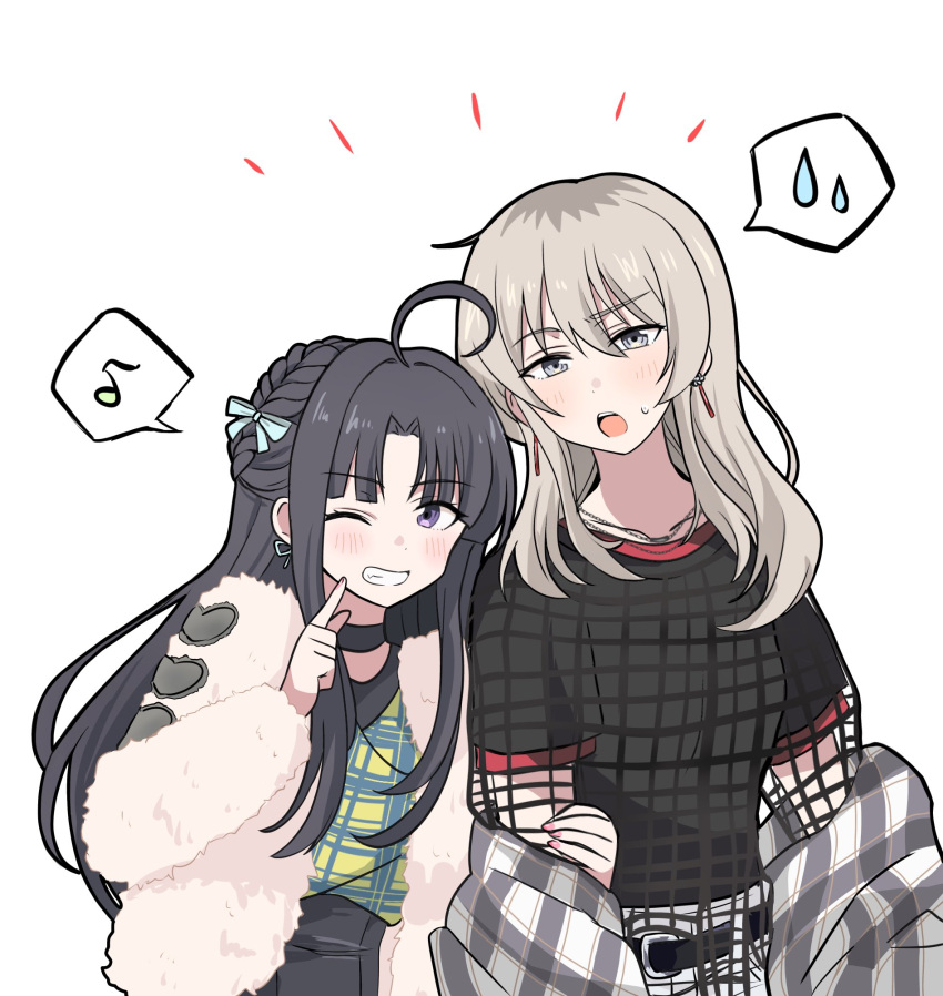2girls, ahoge, awa_subaru, black_hair, black_shirt, blue_bow, bow, collarbone