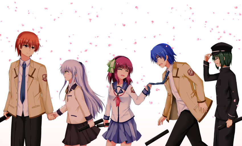 2girls, 3boys, :d, ^_^, angel_beats!, black_hairband, black_hat, black_jacket, black_pants, black_shorts, black_skirt, blue_hair, blue_necktie, blue_sailor_collar, blunt_bangs, blush, bow, closed_eyes, closed_mouth, clothes_grab, collared_shirt, commentary_request, couple, cowboy_shot, dress_shirt, emblem, eyes_visible_through_hair, facing_another, falling_petals, from_side, gakuran, graduation, green_bow, green_hair, grey_hair, hair_between_eyes, hair_bow, hairband, hand_on_headwear, hand_up, happy, hat, height_difference, hetero, highres, hinata_hideki, holding_hands, holding_measuring_cylinder, jacket, leaning_forward, long_hair, long_sleeves, looking_at_another, measuring_cylinder, medium_hair, miniskirt, multiple_boys, multiple_girls, nakamura_yuri, naoi_ayato, neckerchief, necktie, necktie_grab, neckwear_grab, open_clothes, open_jacket, open_mouth, orange_hair, otonashi_yuzuru, pants, peaked_cap, petals, pink_neckerchief, pleated_skirt, profile, purple_hair, red_eyes, sailor_collar, sailor_shirt, school_uniform, sekibaracheice, shinda_sekai_sensen_uniform, shirt, short_hair, shorts, sidelocks, simple_background, skirt, smile, split_mouth, sweatdrop, tachibana_kanade, very_long_hair, white_background, white_shirt, wide-eyed, yellow_eyes, yellow_jacket