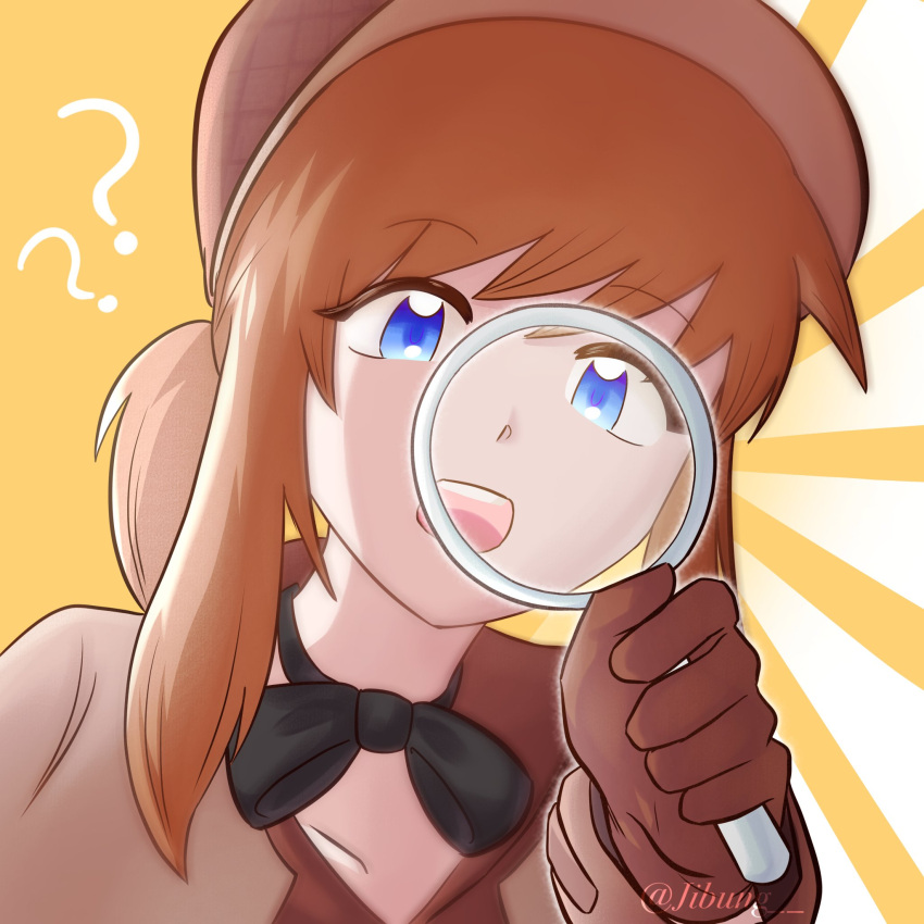 1girl, ?, a_hat_in_time, black_bow, black_choker, blue_eyes, bow, bow_choker