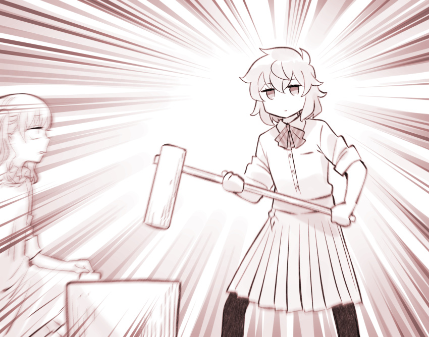 2girls, bow, bowtie, closed_mouth, collared_shirt, emphasis_lines, expressionless, expressionless_kouhai_(kato_takuji)