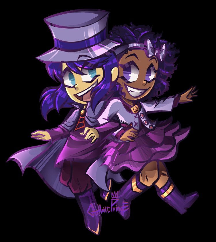 2girls, :d, a_hat_in_time, alternate_color, alternate_hair_color, back-to-back, blue_eyes, boots