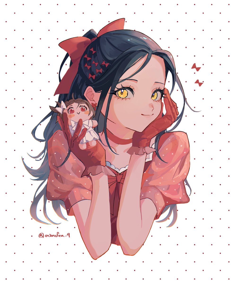 1girl, ben-day_dots, black_hair, bow, bow_earrings, character_doll, choker, closed_mouth, commentary, cropped_torso, doll, earrings, eyelashes, forehead, gloves, hair_bow, half_updo, hands_up, highres, holding, holding_doll, jewelry, kamisaki_hikaru, long_hair, medalist_(manga), ninfea_9, red_bow, red_choker, red_gloves, red_shirt, screentones, shirt, short_sleeves, solo, twitter_username, untranslatable_commentary, white_background, yellow_eyes, yuitsuka_inori