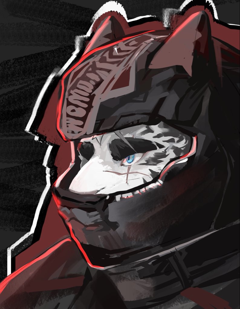 1boy, arknights, black_background, black_helmet, black_jacket, chinese_commentary, commentary_request, cross_scar, devotion116, furry, furry_male, helmet, jacket, looking_to_the_side, male_focus, mountain_(arknights), mountain_(hardcore_rider)_(arknights), scar, scar_across_eye, scar_on_cheek, scar_on_face, scar_on_nose, tiger_boy, tiger_stripes, upper_body