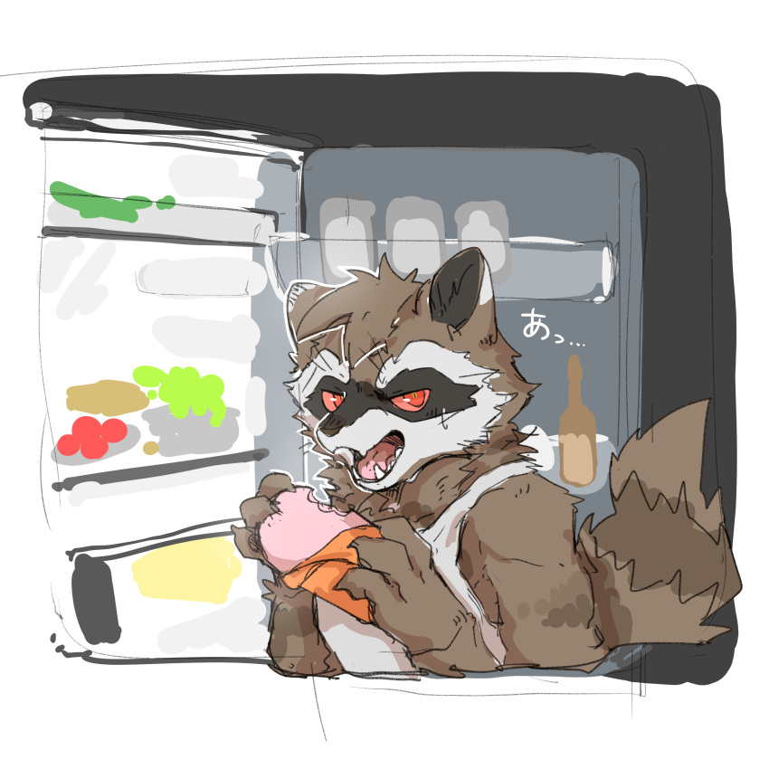 1boy, absurdres, animal_ears, claws, commentary, eating, fangs, furry