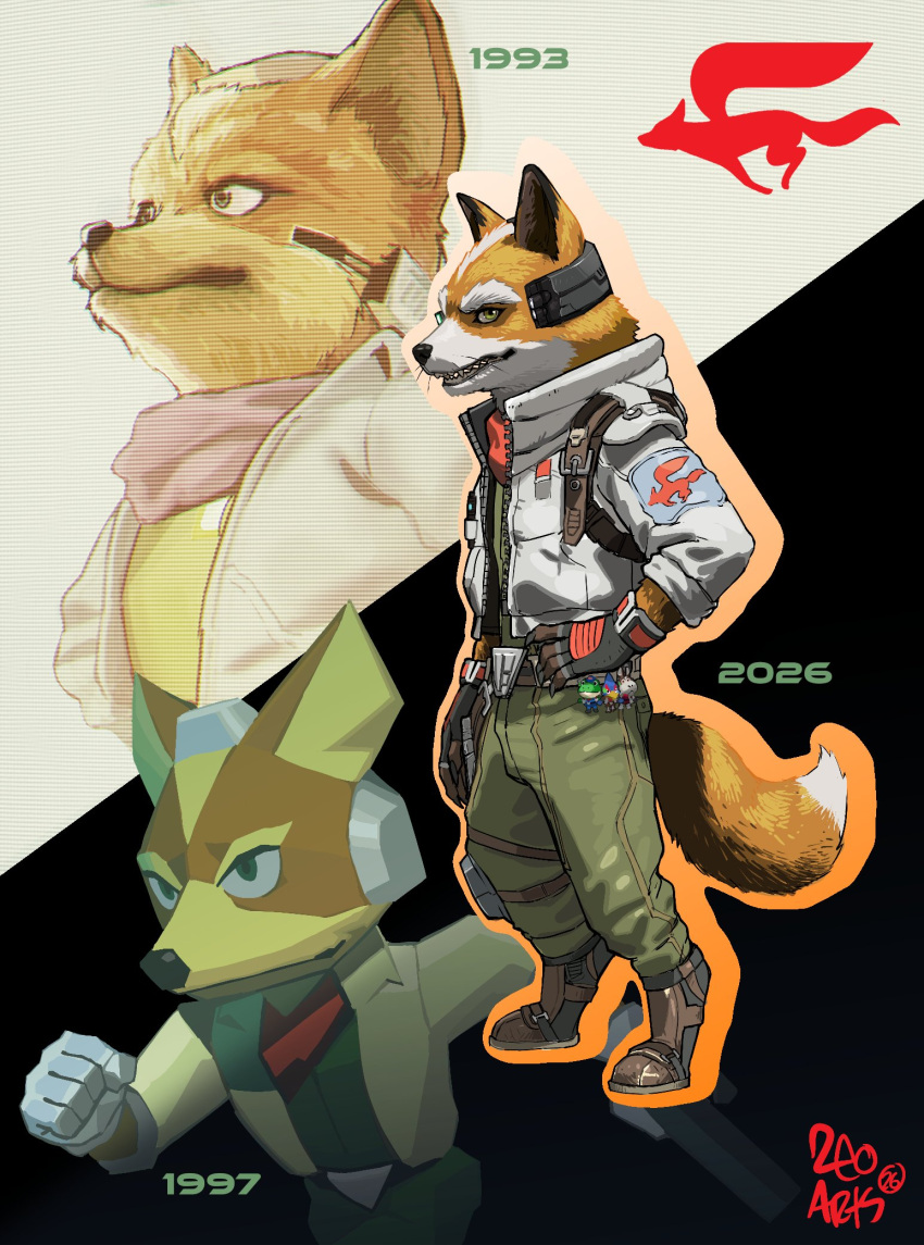 1boy, animal_ears, artist_name, brown_fur, closed_mouth, commentary, dated, digitigrade, fangs, fox_boy, fox_ears, fox_mccloud, fox_tail, furry, furry_male, green_pants, hand_on_own_hip, highres, jacket, looking_at_viewer, looking_to_the_side, male_focus, open_mouth, pants, running, signature, smile, standing, star_fox, star_fox_(2026), star_fox_64, tail, white_jacket, zeoarts