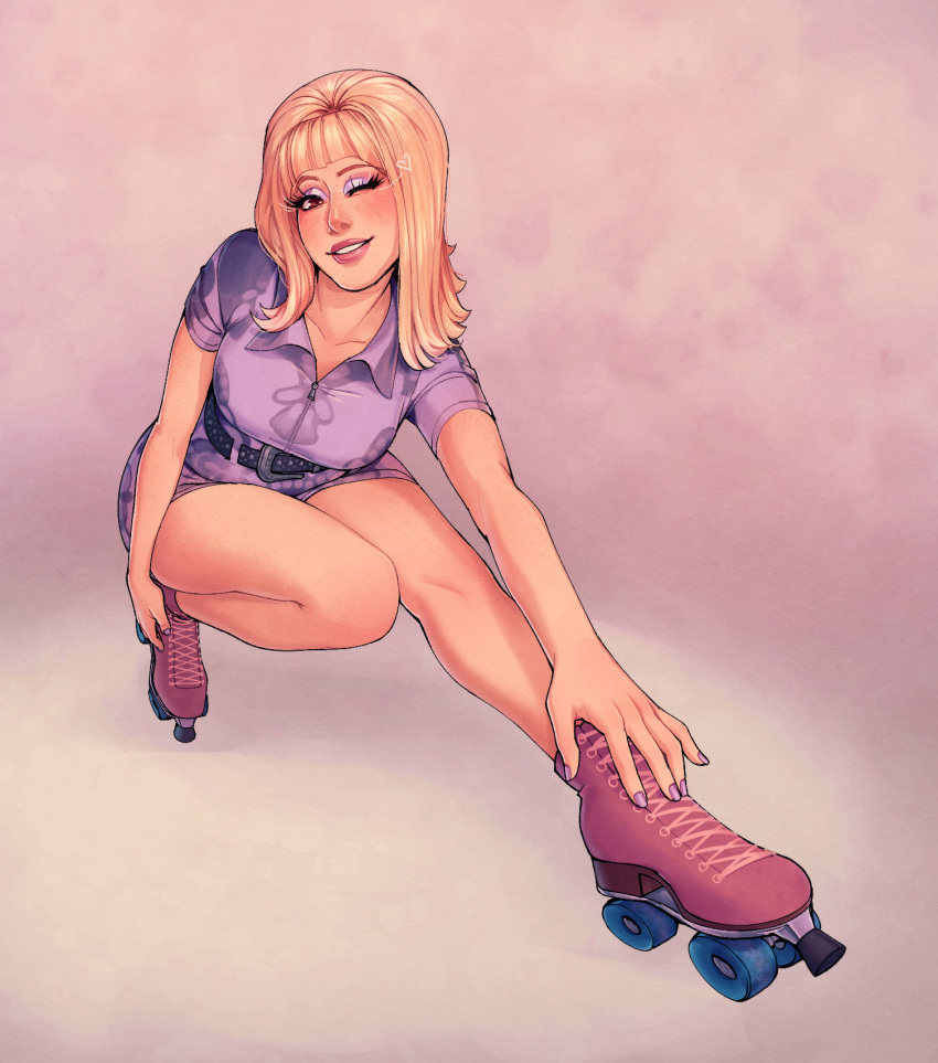 belt, blonde_hair, blunt_bangs, blush, collarbone, dress, eyeshadow, full_body, full_face_makeup, grin, highres, i_like_to_watch, lavender-bloom-m, lips, lipstick, long_eyelashes, makeup, one_eye_closed, pink_eyeshadow, purple_eyeshadow, real_life, roller_skates, rouge_(makeup), skates, smile, solo, trixie_mattel