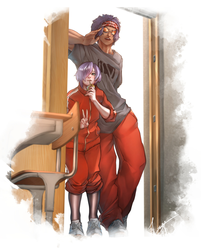 1boy, 1girl, absurdres, alundra_(shinrabanshou), aqua_eyes, black_shirt, brown_pantyhose, commentary_request