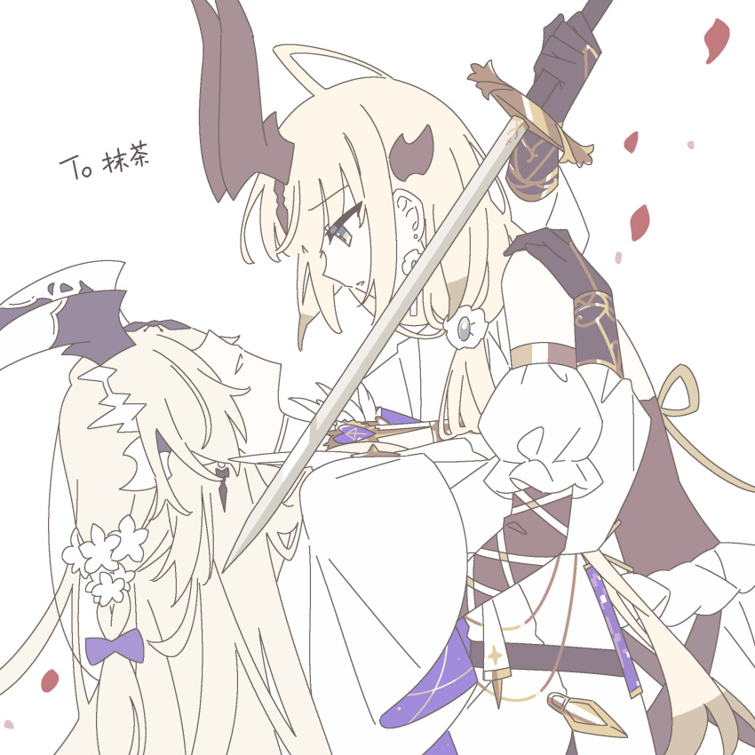 2girls, ahoge, alternate_costume, arknights, black_gloves, blade_to_throat, blonde_hair, dragon_girl