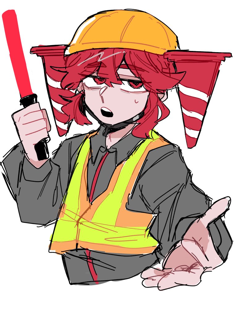 1girl, bored, collared_shirt, construction_worker, cropped_torso, fake_hair, grey_shirt, hair_between_eyes, hard_hat, helmet, high-visibility_clothing, high-visibility_vest, holding_baton, kakuzatou_(vy5a_heart), kasane_teto, open_mouth, red_eyes, red_hair, shirt, short_hair, simple_background, solo, traffic_baton, traffic_cone, utau, vest, white_background, yellow_vest