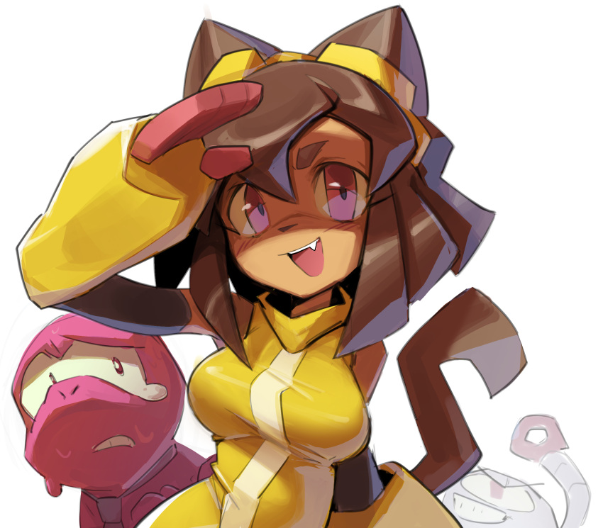 1girl, :d, animal_ears, arm_up, bare_shoulders, black_sleeves, breasts, brown_hair