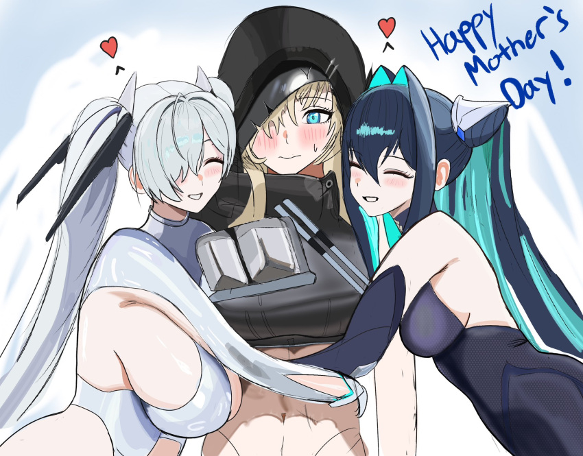 3girls, aqua_hair, artceister, bare_shoulders, black_bodysuit, black_hair, blonde_hair, blue_eyes