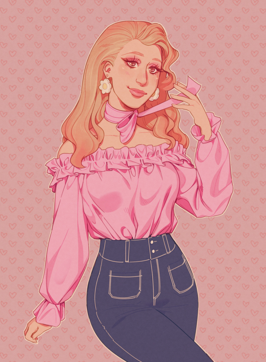 1boy, blonde_hair, choker, commentary, crossdressing, crossdressing_(mtf), denim, drag_queen
