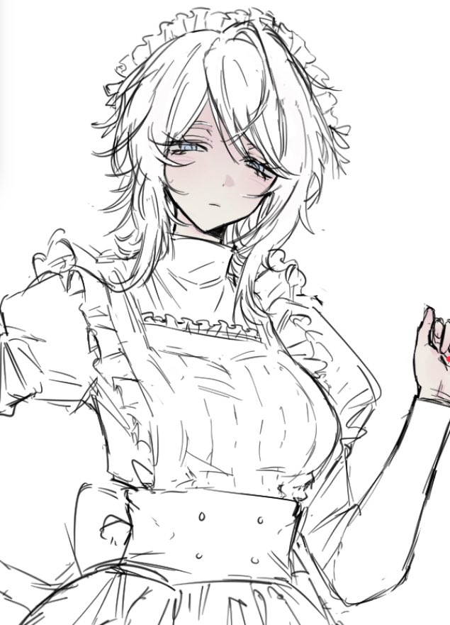1girl, blue_eyes, breasts, commentary_request, dress, faust_(project_moon), gmxh_mx, korean_commentary, limbus_company, looking_at_viewer, maid, maid_headdress, partially_colored, project_moon, short_hair, simple_background, solo, upper_body, white_background, white_hair